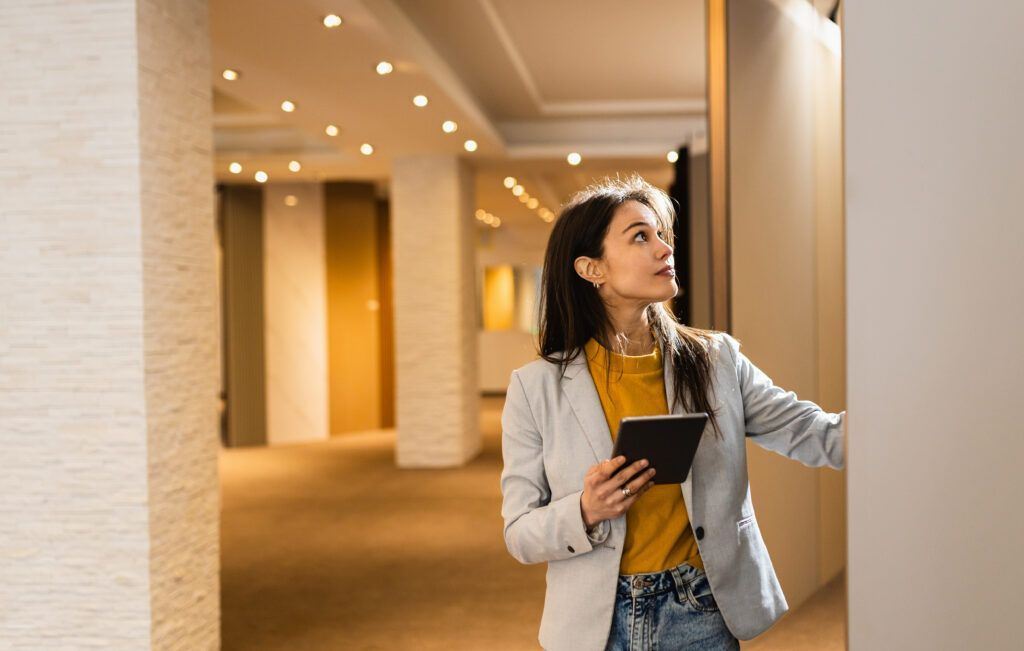 Portrait of young saleswoman with tablet in showroom.